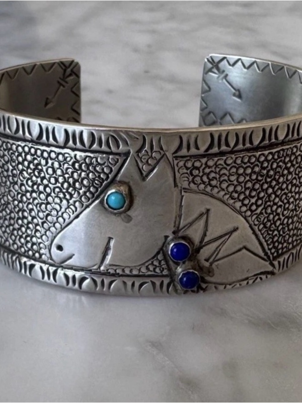 Vintage Handmade Navajo WINGS SIGNED Horse/Star Themed 925 Sterling Silver Cuff